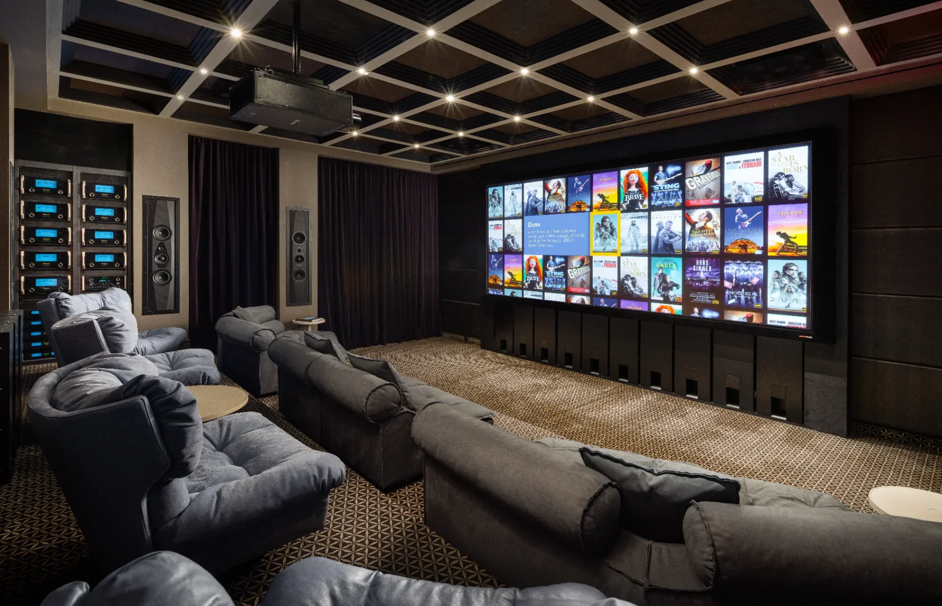 Home Theater with a projector screen and advanced audio devices